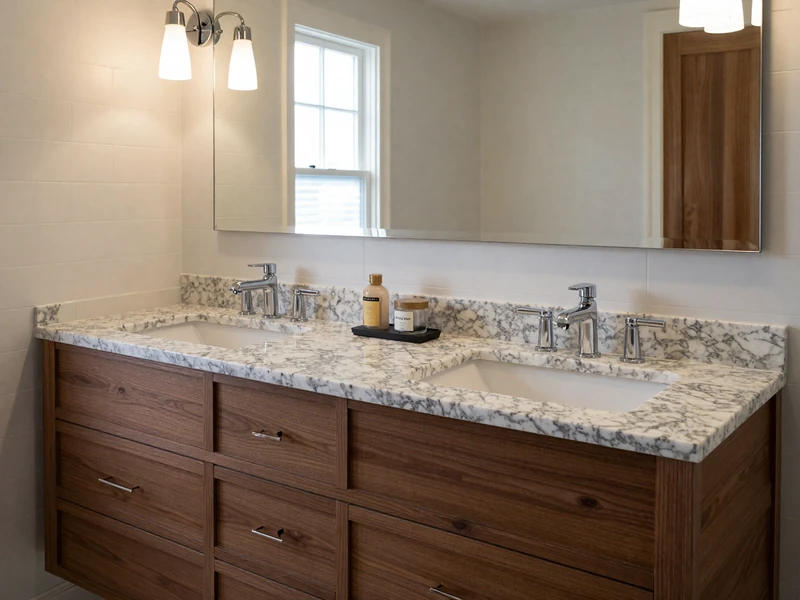 Custom vanity installation in North Laguna with quartzite countertops
