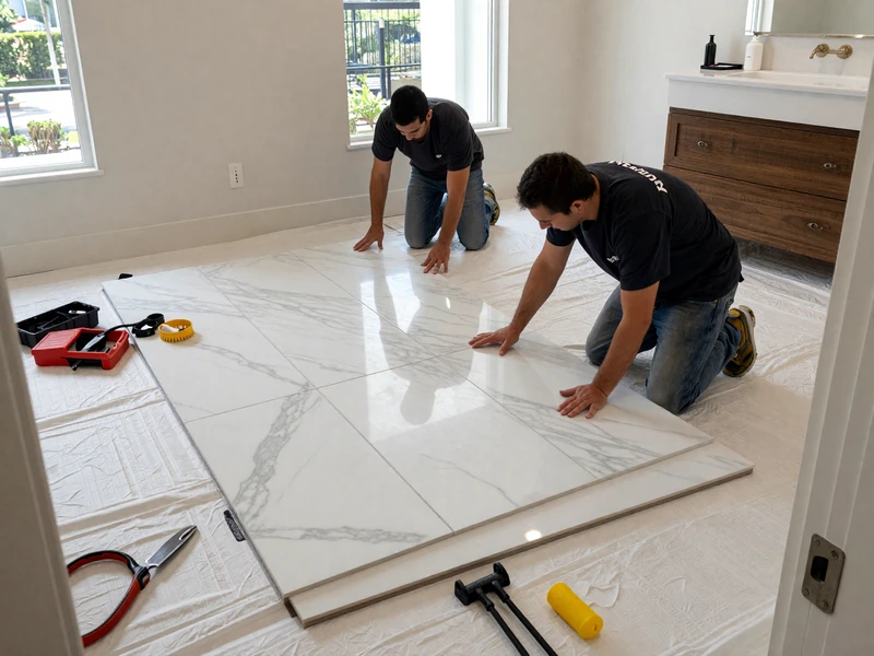 Expert craftsmen installing premium bathroom materials with precision