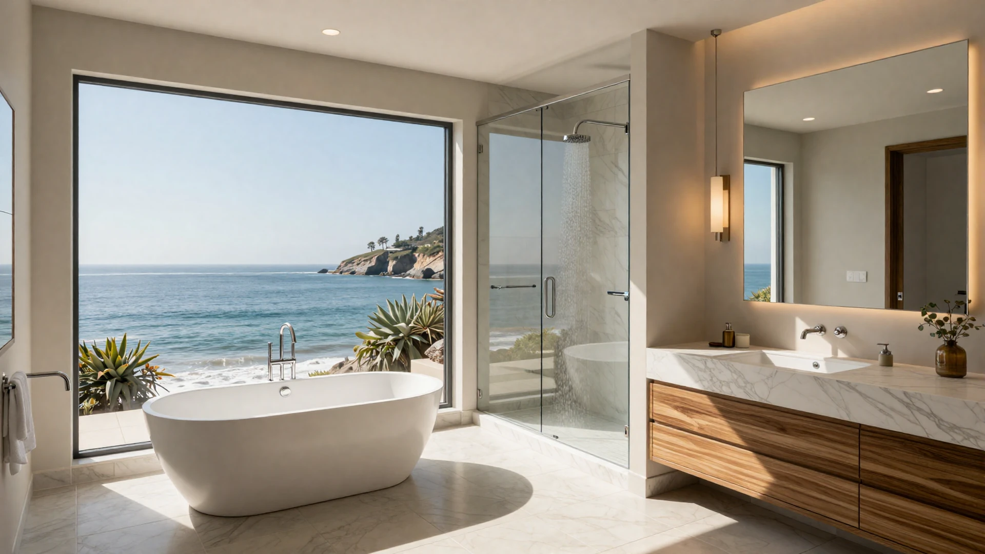 Luxury bathroom remodel in Laguna Beach featuring ocean views, marble finishes, and spa-like amenities