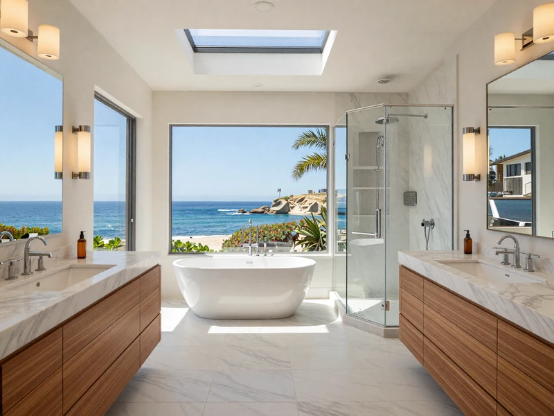 Master bathroom remodel in South Laguna with ocean views and marble finishes